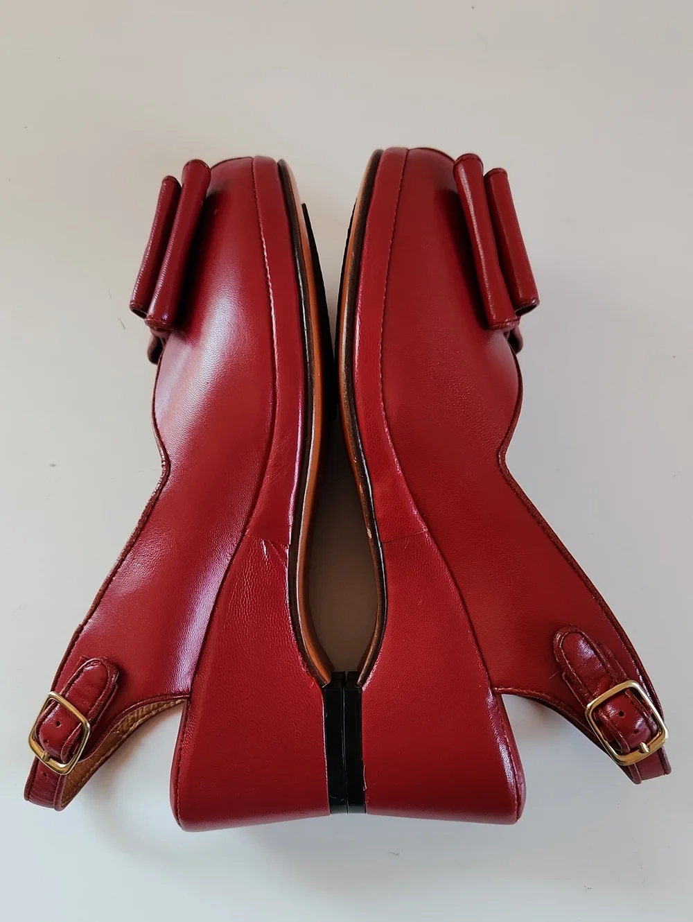 Re-mix Classic Vintage Gloria Red Leather Slingback Wedge  Heels with Bow Size 7